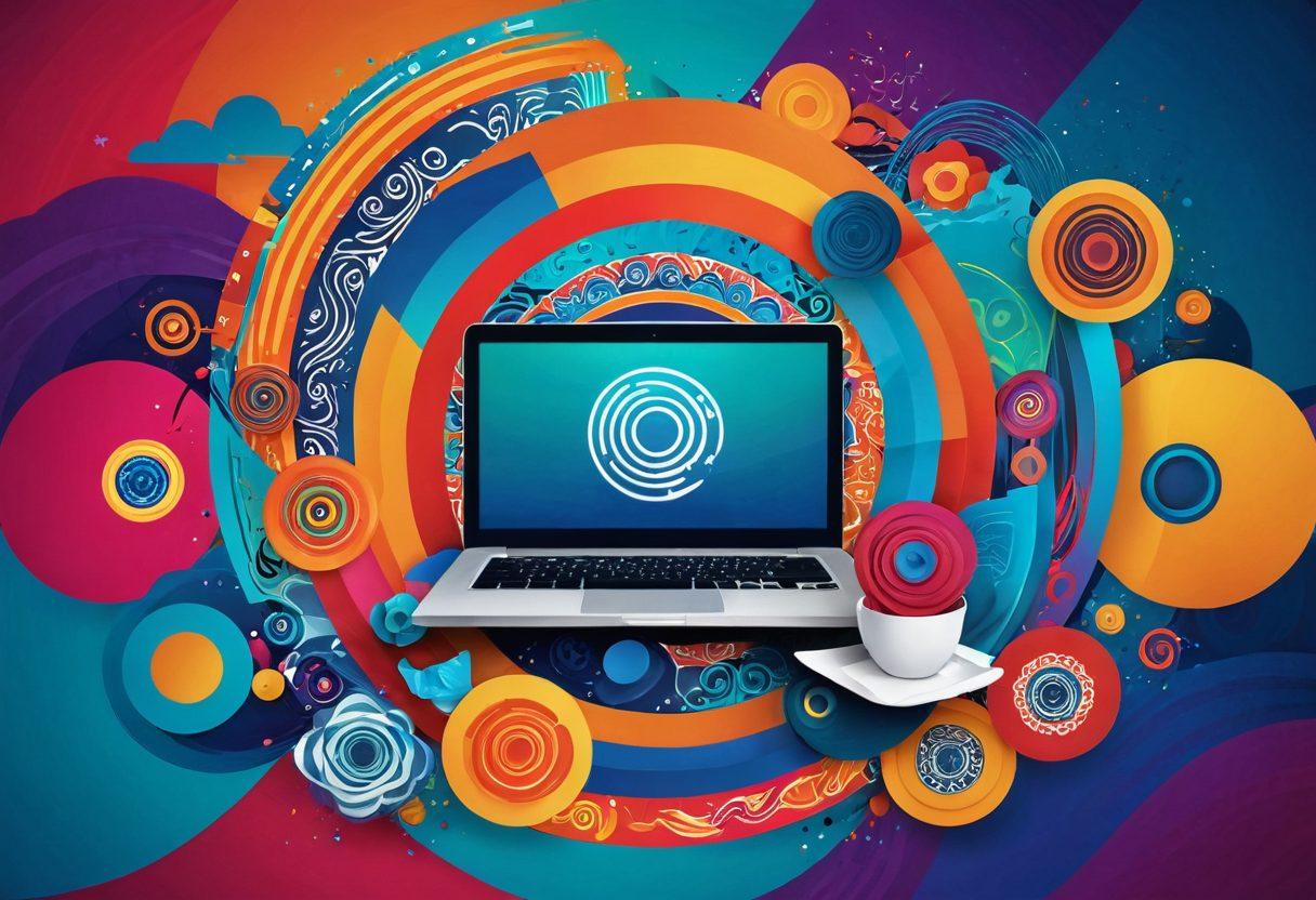 A dynamic collage showcasing traditional Xentai art intermixed with modern blogging elements, featuring vibrant colors and fluid motion graphics. Include iconic symbols from Xentai culture, such as swirling patterns and cultural motifs, alongside modern digital devices depicting blogs and online interaction. The background should evoke a sense of energy and movement, illustrating the fusion of past and present. super-realistic. vibrant colors. dynamic composition.