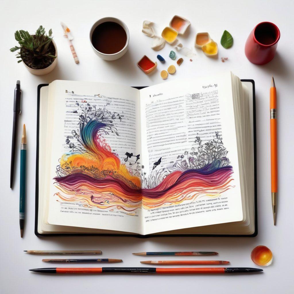 A visually striking representation of an open diary with artistic illustrations flowing out of it, symbolizing creativity. The scene should include elements of adult-themed artistry, such as subtle silhouettes and abstract designs. Rich colors and whimsical patterns should blend with a backdrop of an inviting workspace filled with art supplies. The overall mood should be inspiring and thought-provoking. super-realistic. vibrant colors. white background.